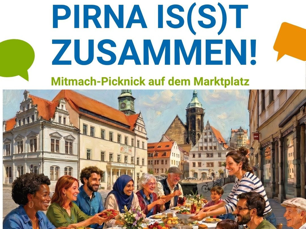KI generiert: Das Bild zeigt eine fröhliche Gruppe von Menschen verschiedenen Alters und kultureller Herkunft, die gemeinsam an einem langen Tisch im Freien essen und sich unterhalten. Im Hintergrund ist eine malerische, historische Stadtkulisse mit alten Gebäuden und Fahrrädern zu sehen.