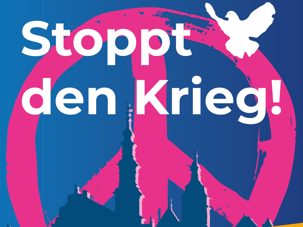 KI generiert: Das Bild zeigt einen Ausschnitt eines Plakats mit dem Hashtag "#PirnafürFrieden" und dem Text "auf der Welt und in unseren Herzen!". Der Hauptinhalt des Bildes ist eine Friedensbotschaft, die sowohl global als auch persönlich gerichtet ist.