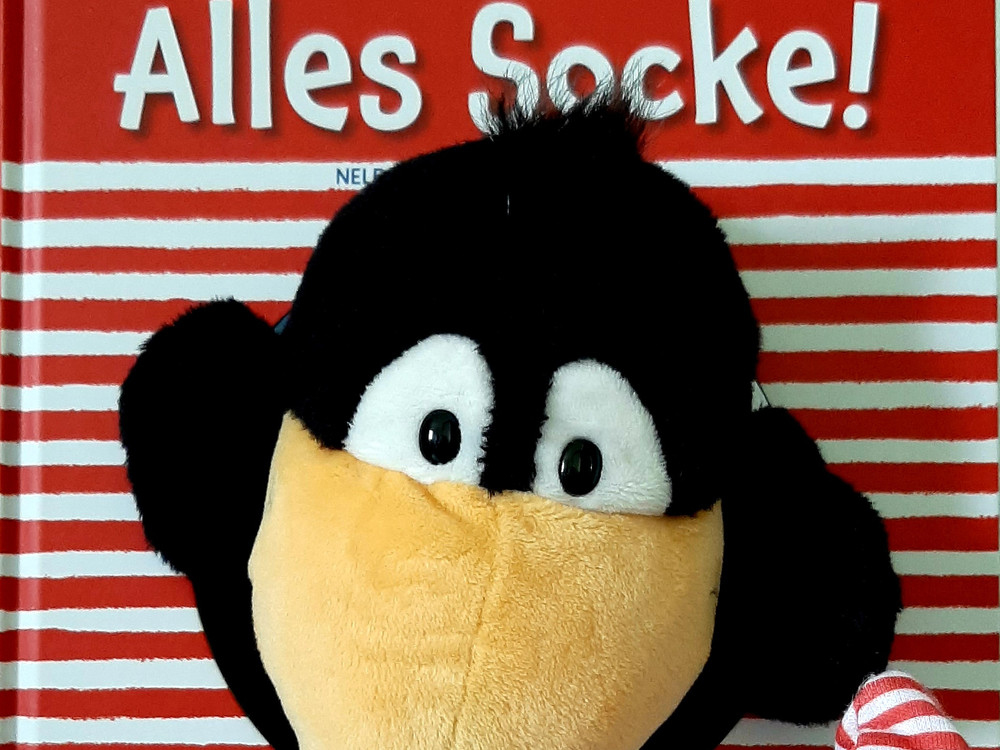 KI generiert: Das Bild zeigt ein rotes Buch mit dem Titel "Alles Socke!" und daneben eine schwarze Handpuppe mit gelbem Schnabel und großen Augen. Der Hauptinhalt des Bildes sind das Buch und die Handpuppe.