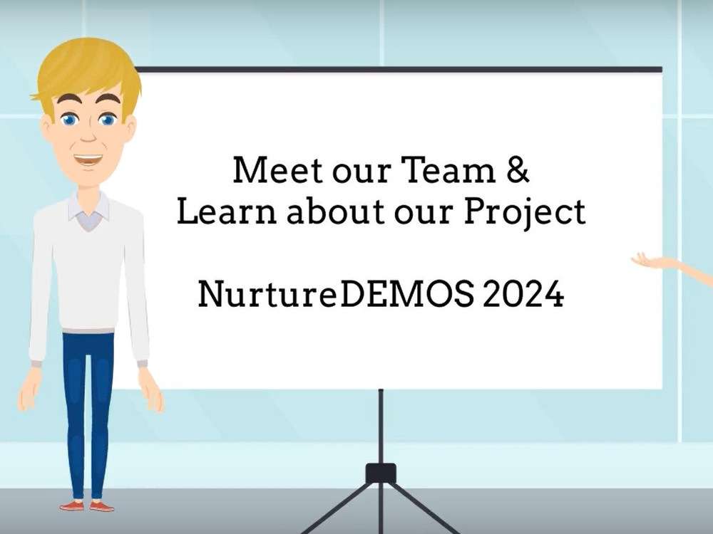 KI generiert: Das Bild zeigt drei cartoonartige Figuren, die eine Einladung oder Ankündigung für das Projekt "NurtureDEMOS 2024" präsentieren. Der Hauptinhalt ist die Vorstellung des Teams und des Projekts.