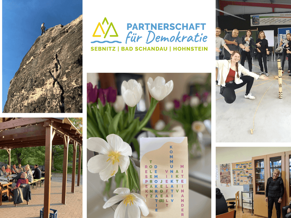KI generiert: Das Bild ist ein Collage aus mehreren Fotos, die verschiedene Aktivitäten und Szenen zeigen, darunter eine Gruppe von Personen auf einer Aussichtsplattform, eine Person beim Klettern, Blumen und eine Gruppe von Menschen in einem Innenraum. Der Hauptinhalt des Bildes ist die Werbung für die "Partnerschaft für Demokratie" in Sebnitz, Bad Schandau und Hohnstein.