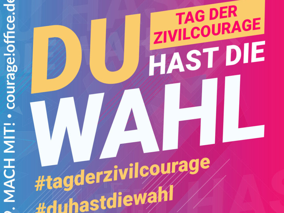 KI generiert: Das Bild zeigt ein farbenfrohes Plakat mit dem Text "DU HAST DIE WAHL" und dem Slogan "TAG DER ZIVILCOURAGE". Es wirbt für den Tag der Zivilcourage und enthält Hashtags wie #tagderzivilcourage und #duhastdiewahl.