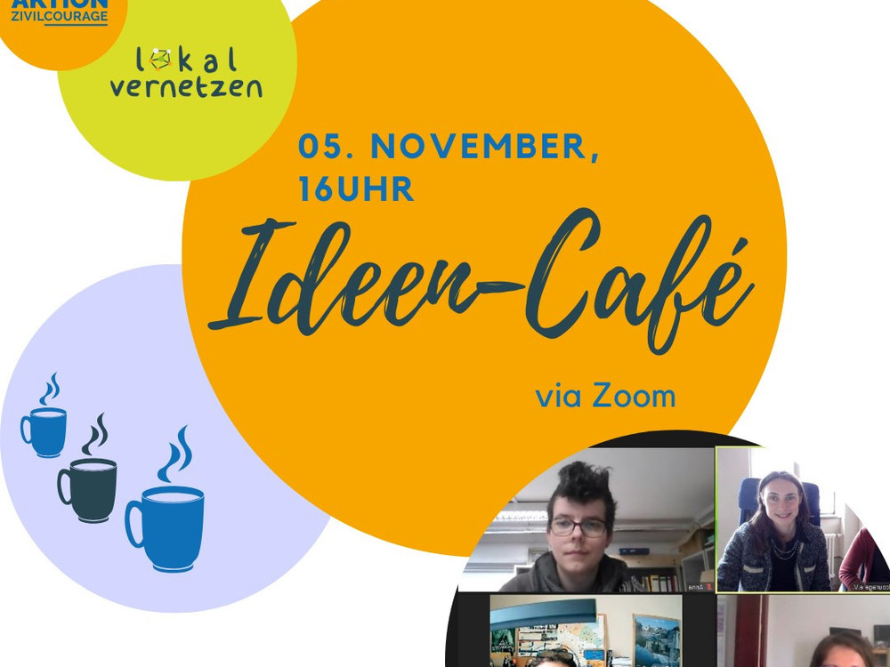 KI generiert: Das Bild zeigt drei stilisierte Kaffeetassen mit aufsteigendem Dampf auf einem hellblauen Hintergrund und einen orangefarbenen Kreis mit der Aufschrift "Ideen-Café". Der Hauptinhalt des Bildes ist die Darstellung eines kreativen oder inspirierenden Umfelds, symbolisiert durch Kaffee und Ideen.