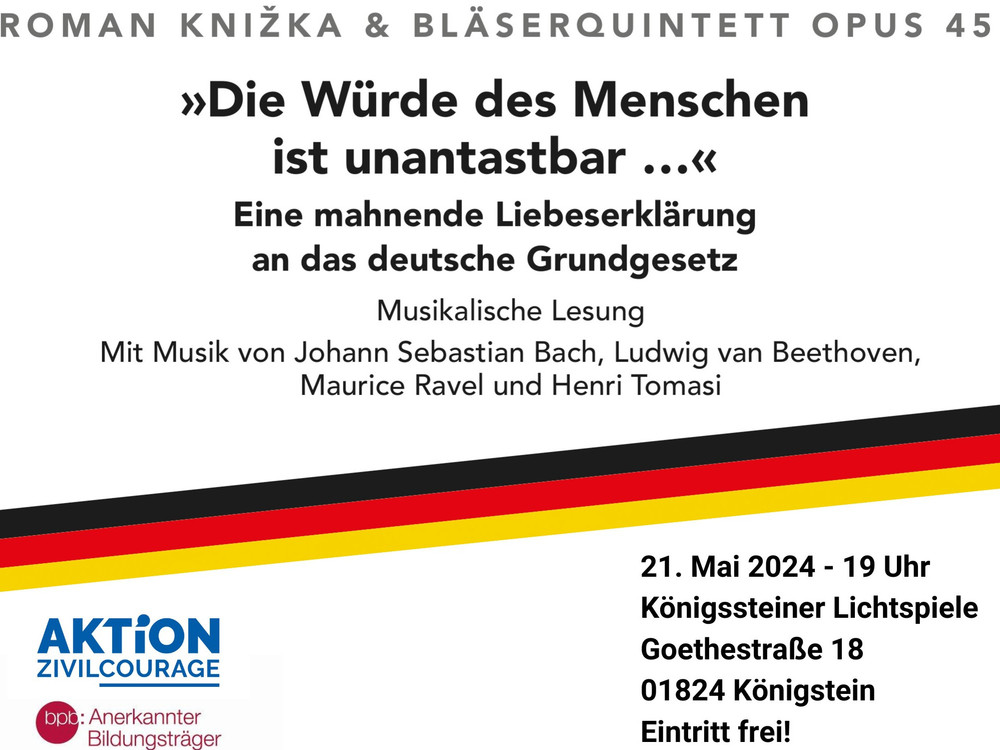 KI generiert: Das Bild zeigt den Titel und Untertitel eines Musikwerks, nämlich "Roman Knižka & Bläserquintett Opus 45" mit dem Zitat »Die Würde des Menschen ist unantastbar ...« und der Beschreibung "Eine mahnende Liebeserklärung an das deutsche Grundgesetz". Der Hauptinhalt des Bildes ist die Ankündigung oder Vorstellung dieses Musikstücks, das sich auf die Menschenwürde und das deutsche Grundgesetz bezieht.
