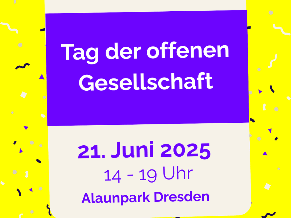 KI generiert: Das Bild zeigt ein buntes Banner mit dem Text "Tag der offenen Gesellschaft" auf einem violetten Hintergrund, umgeben von gelben und violetten geometrischen Formen und Konfetti. Der Hauptinhalt des Bildes ist die Ankündigung oder Bewerbung eines Events namens "Tag der offenen Gesellschaft".